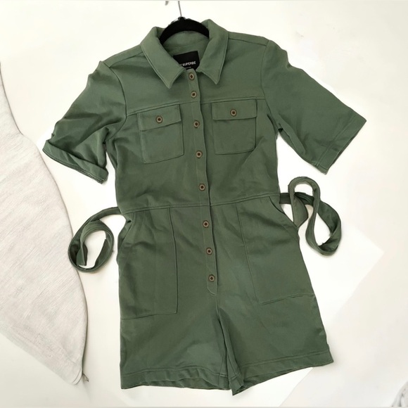 LE SUPERBE Green Short Sleeve Belted romper cargo pockets cotton terry 4 - Picture 1 of 10